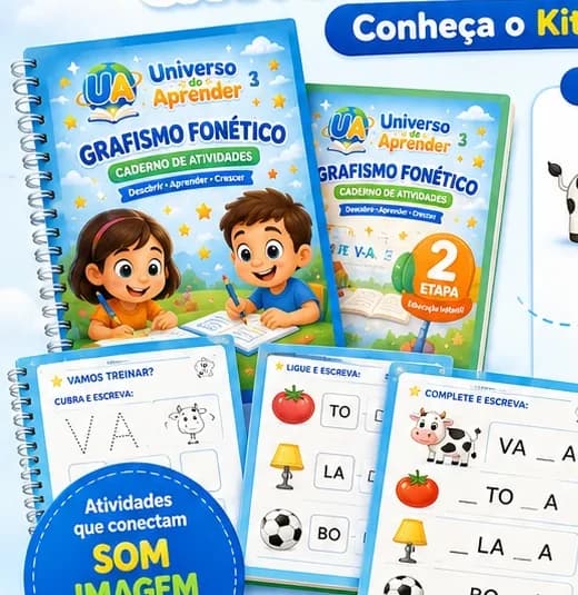 Prévia de atividades de Grafismo Fonético com sílabas, imagens e palavras